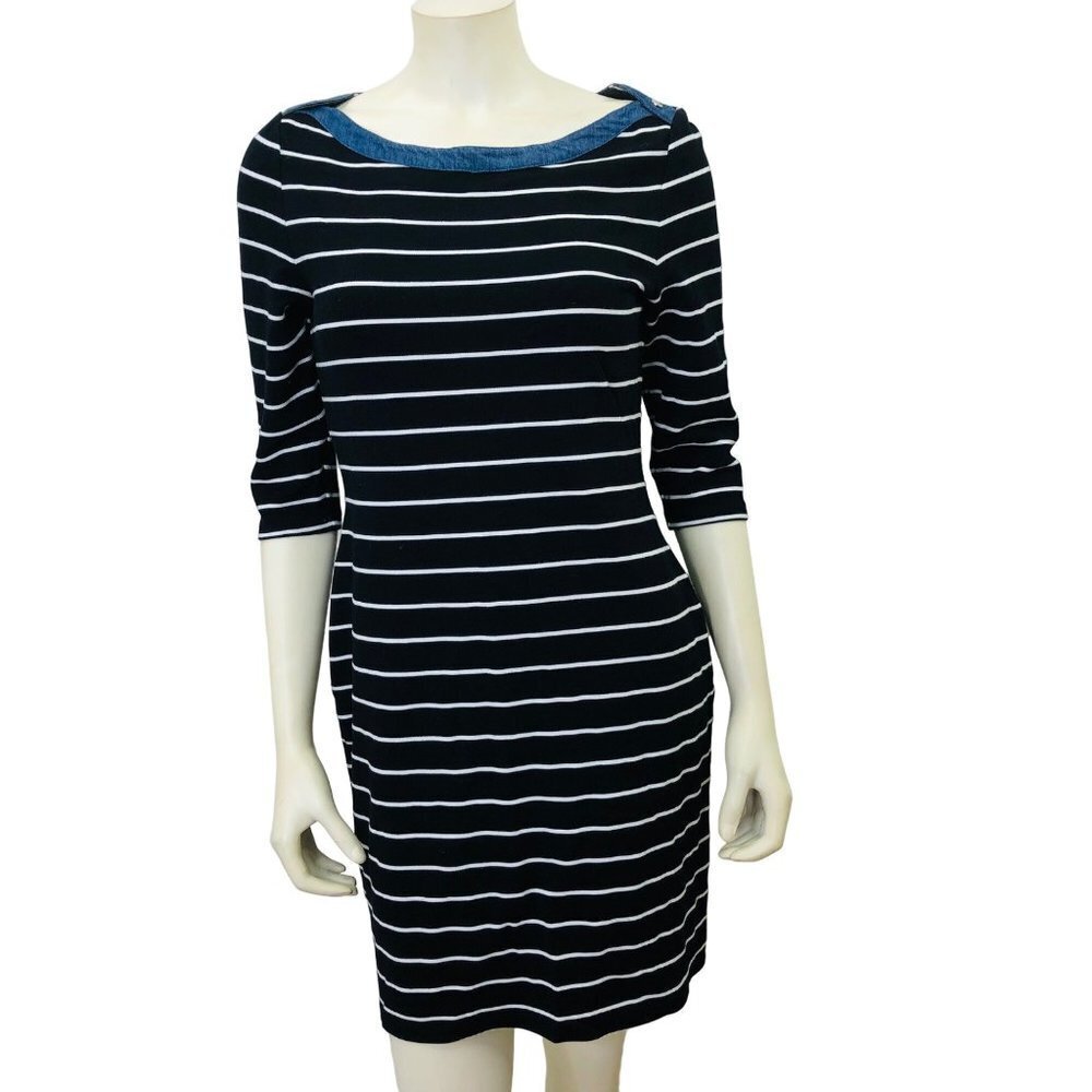 TOMMY HILFIGER STRIPED ELBOW LENGTH CASUAL DRESS MD